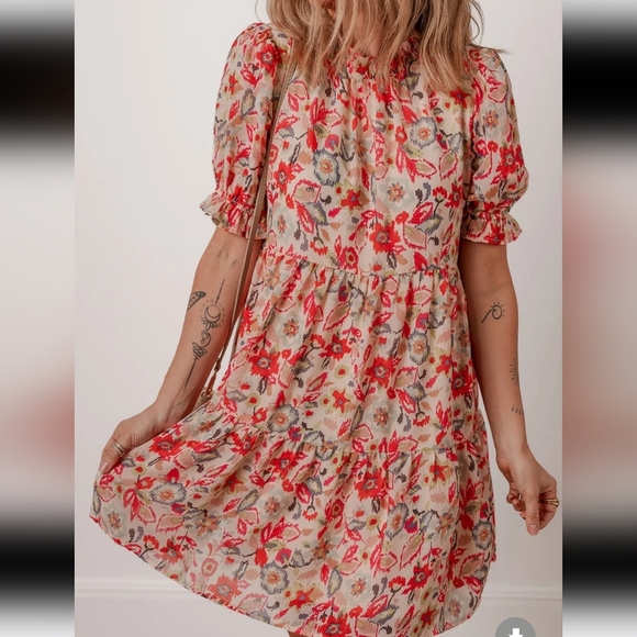 Floral Print Frilled Neck Puff Sleeve High Waist Dress - Picture 3 of 4